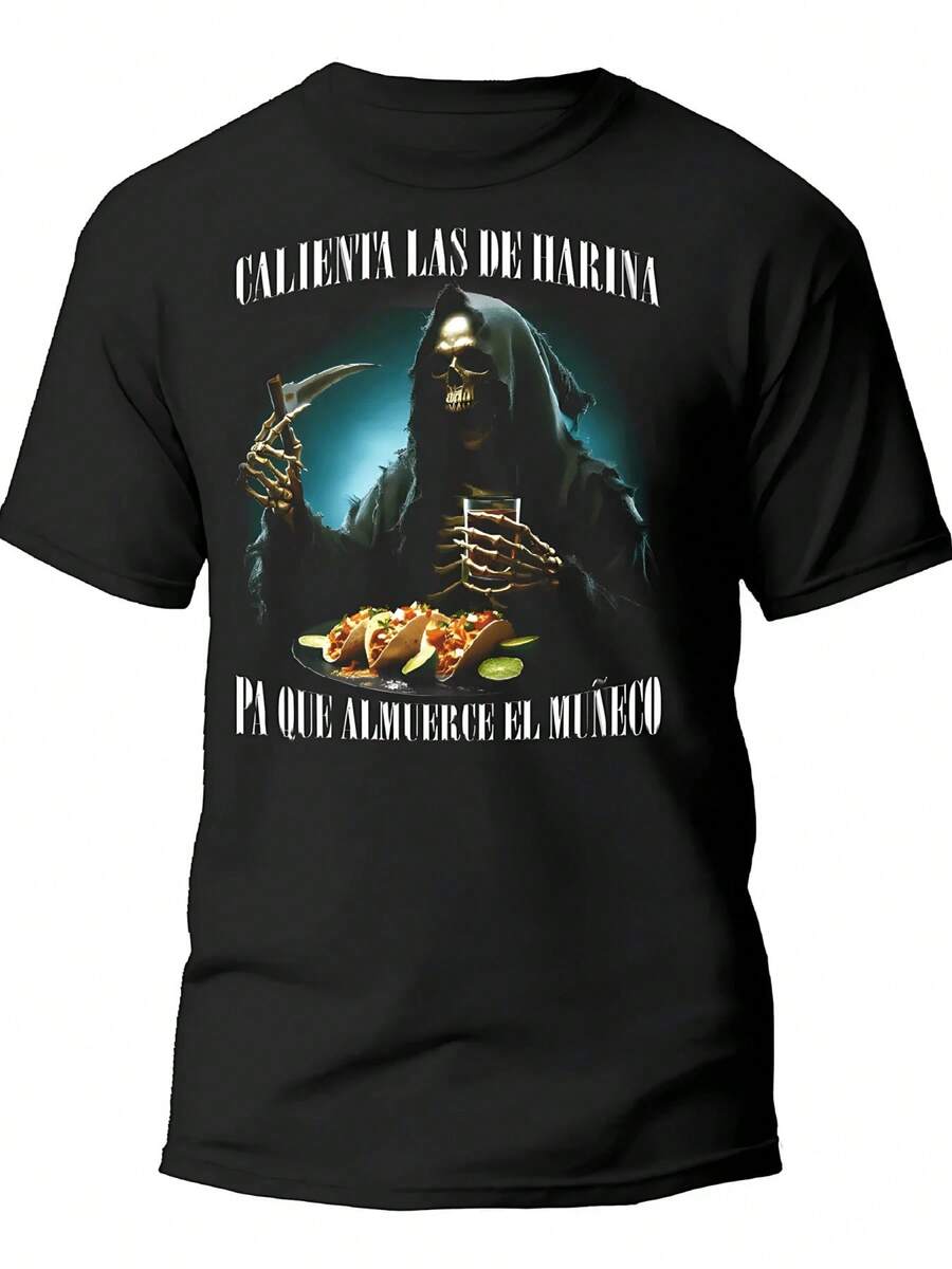 Playera de hombre de algodón suave con estampado gráfico creativo y diseño divertido, manga corta casual para uso diario y estilo moderno juvenil - Negro - Ver 1
