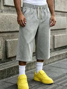 Loose Baggy Pants For Men, Heather Gray Cropped Sweat Pants With Dual Drawstring Waist, Casual 7 Inch Knee Length Pants For Men Daily Outfit Sports - Grey - View 4