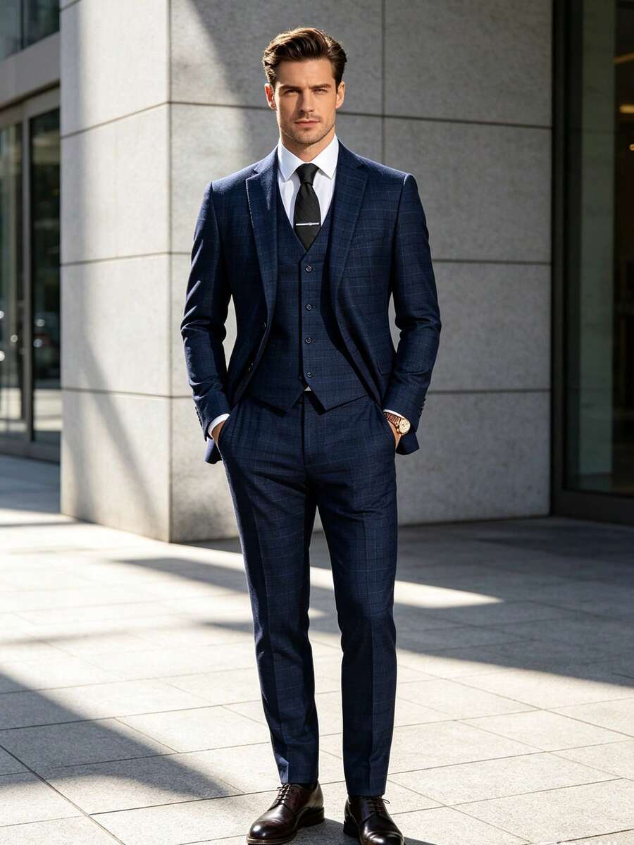 Furuyal Men's Plaid Slim Fit 2-Button 3 PiecesSuit, Includes Jacket, Vest And Pants, Suitable For Party, Wedding And Other Occasions, Navy Blue, Size XS-3XL - Navy Blue - View 1