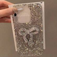 1 buah Casing Ponsel Mewah Berkilau dengan Hiasan Berlian Imitasi dan Pita, Kompatibel dengan iPhone 17 16 15 14 13 12 11 Pro Max Plus, Pelindung Lensa, Penutup Belakang Lembut, Tahan Air, Tahan Guncangan, Anti Jatuh, Anti Gores - Perak - View 3