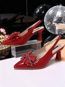 1 Pair European Women's Closed-Toe High Heel Sandals, Shiny Mirror Soft PU + Shiny Mesh Clover Decoration, Pointed Toe Stiletto Heel Slip-On Design, Fashionable Elegant Princess Style Wedge Sandals, Suitable For Daily Wear, Shopping, Holiday, Date, Outdoor, Spring/Summer New - Red - View 3