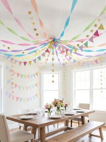 1 Set Macaron Color Ceiling Decoration, Hanging Rainbow Party Decoration Set - Crepe Paper Tassel Ribbon Triangle Flag Banner Gold Star Garland Background Decoration, Suitable For Birthday, Wedding, Colorful Party Decoration And DIY Crafts - Multicolor - View 7