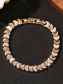 1pc Luxury Gold Plated Crescent Moon Pave Cubic Zirconia Chain Bracelet For Women, Suitable For All Seasons, Wedding, Anniversary Gift And Daily Wear - Gold - View 6