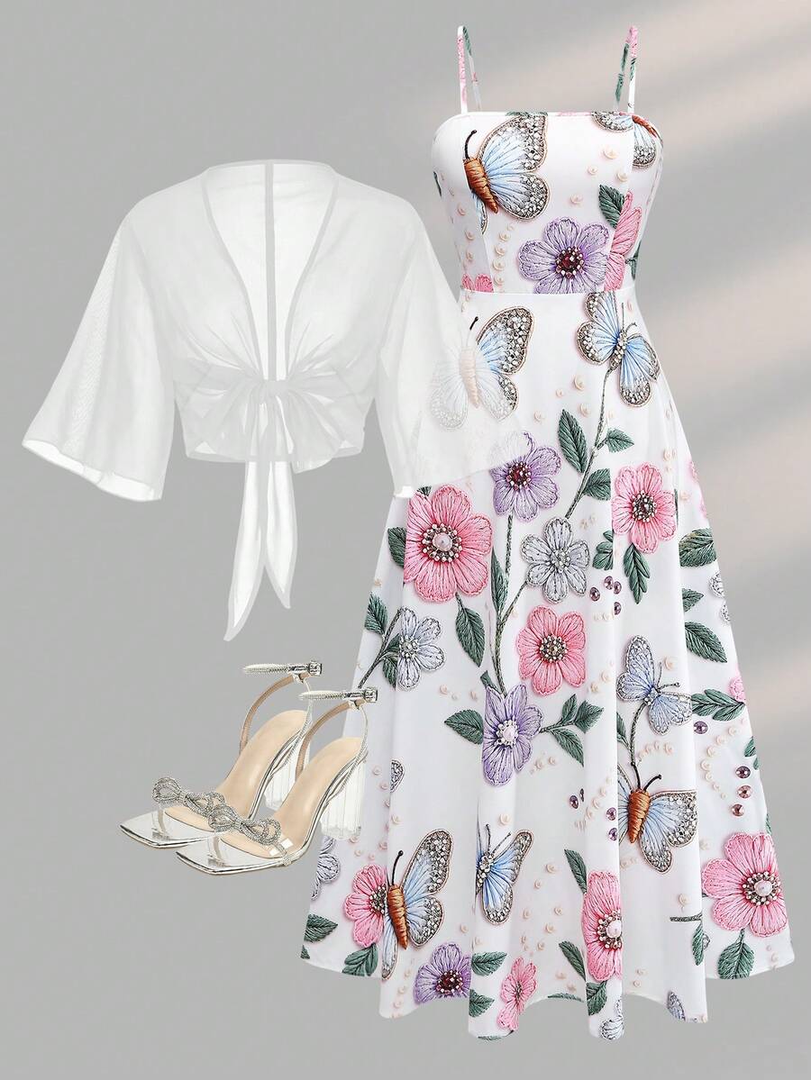 Women's Fashion Elegant Pearl 3D Floral Print Dress Chiffon Jacket Elegant 2-Piece Set Beach Vacation 2-Piece Set Summer - Multicolor - View 1