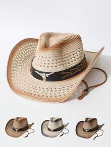 Unisex Gradient Hollow Western Cowboy Straw Hat, Bull Head Decor Wide Brim UV Sun Hat, Adjustable Wind Lanyard Beach Outdoor Sunscreen Hat - Permed and Dyed Cowhide Hat - View 6