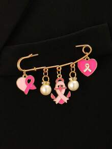 1pc Breast Cancer Awareness Pink Butterfly Heart Ribbon Pendant Brooch, White Pearl Pin Brooch, Clothing Denim Accessory - Multicolor - View 2