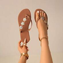 Women's Beach Vacation Fashion Sexy Rhinestone Flat Flip Flops Random Print Sexy Fashion Rhinestone Outdoor Summer - Brown - View 10