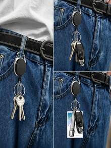 High-Quality Oval Egg-Shaped Retractable Keychain ID Holder, 360° Rotating Design, Equipped With Carabiner, Built-In Nylon Rope, Key Ring, Snap Button And Lanyard, Can Store ID Cards, Tickets And Cash, Practical Everyday Commute Storage Accessory - Black - View 3