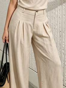 Fall Women High Waist Pleated Linen Blend Wide Leg Pants, Button Zip Solid Casual Trousers With Pockets - Apricot - View 10