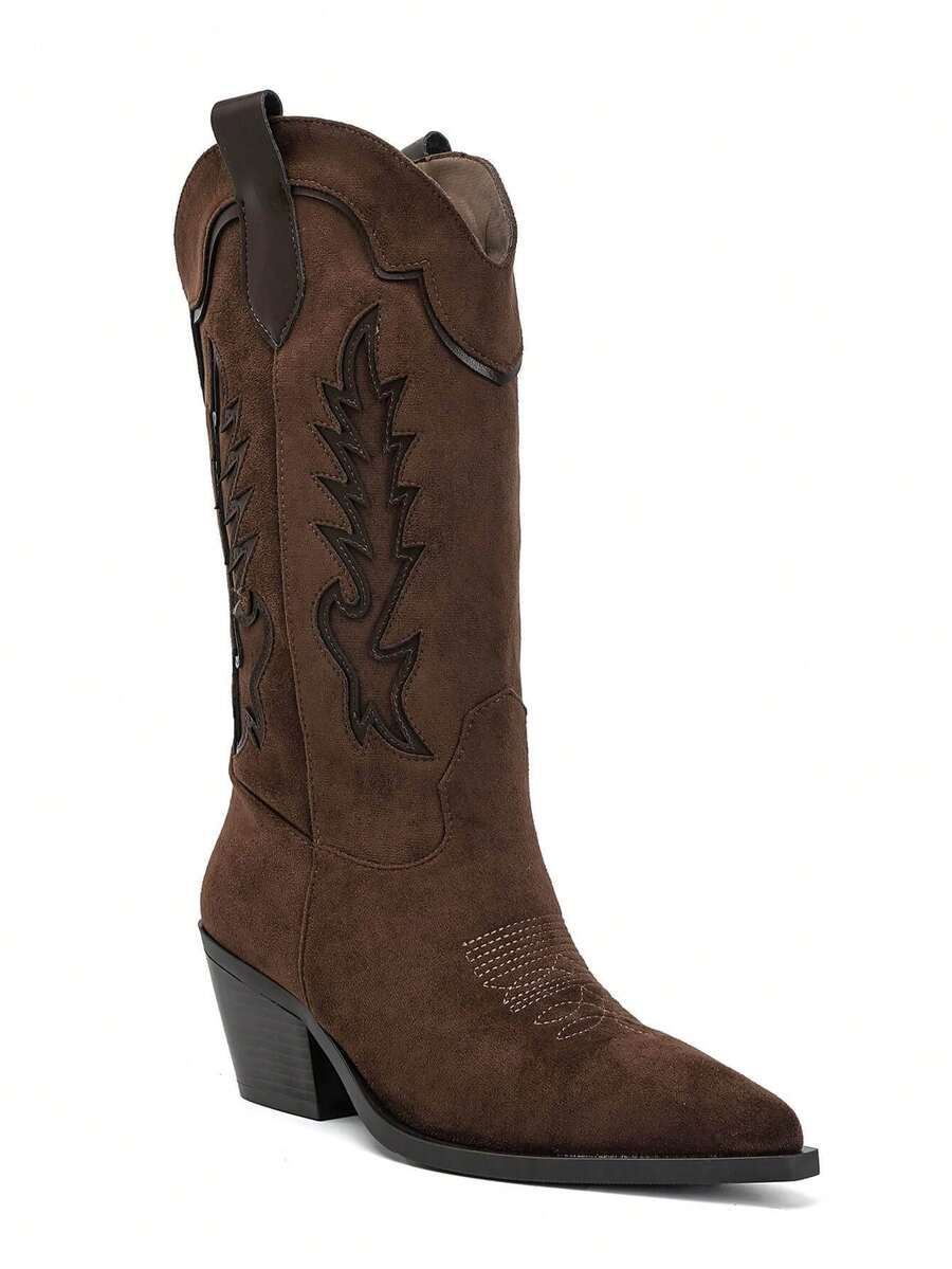 Bottes Santiagos Hautes En Suédine à Surpiqûres – L'Allure Western Citadine - Moka - View 1