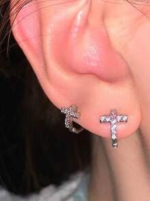 Single Cross-Shaped Ear Cuff Earring With Sparkling Rhinestones, Minimalist Fashion Ear Hoop For Ear Piercing - Multicolor - View 6