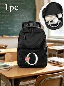 5/1pc Black Backpack A-Z 26 Floral Initial Print Multi-Zipper Large Capacity Lightweight Casual Style Student Classroom Travel Daily Use Laptop Storage Backpack Back To School Gift - Multicolor - View 34