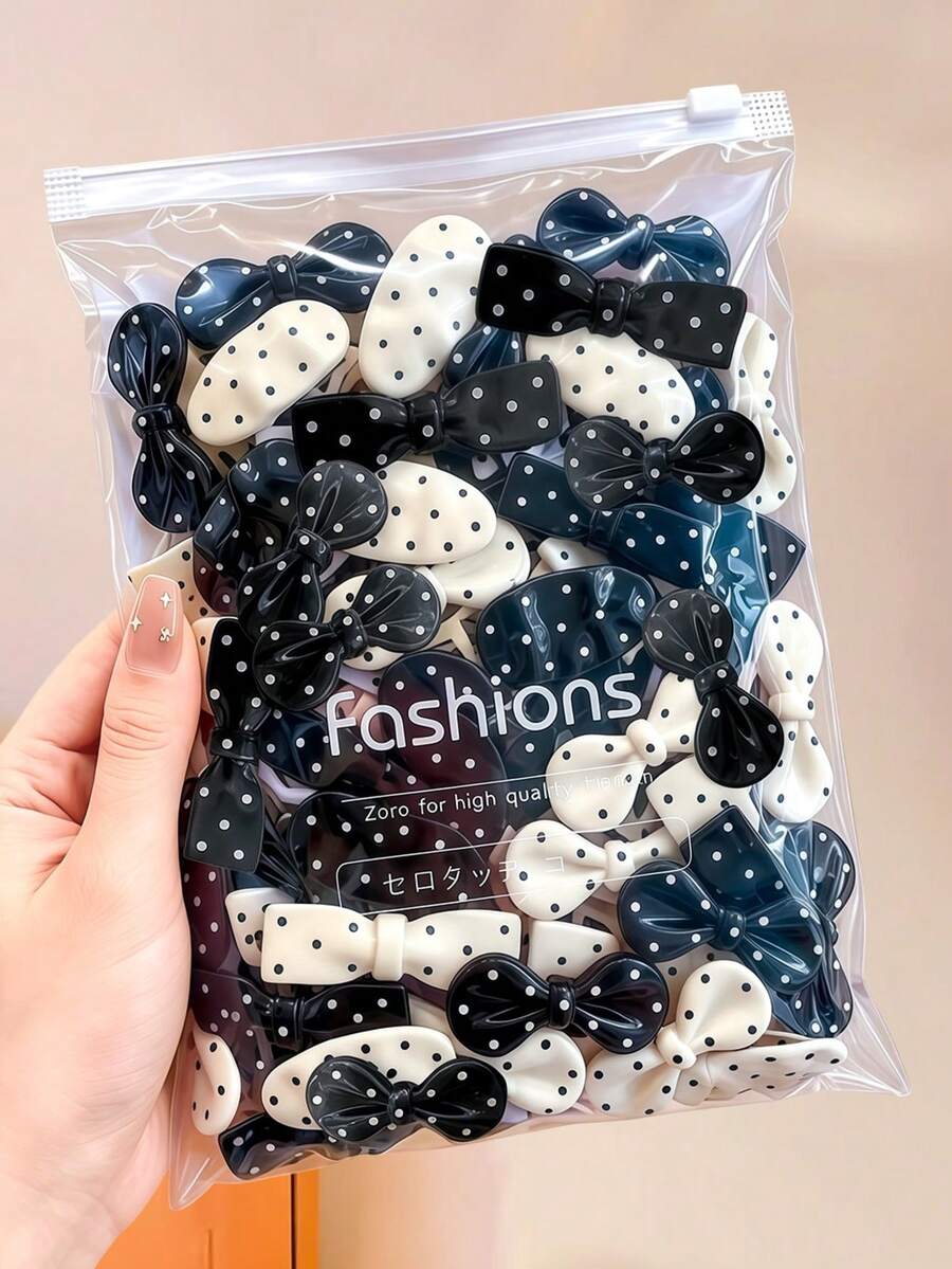 20/10pcs/Set Black & White Contrast Polka Dot Bow Hair Clips, 3D Bow Tie Design, Smooth Curved Shape, Vintage French Niche Style Hair Accessories - Suitable For Girls And Teens, Perfect For Daily, Vacation, School, Party, Sports And More, Add Beauty To Your Hairstyle - Multicolor - View 1