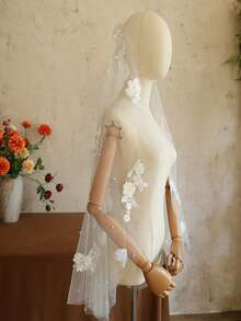 浪漫珍珠蕾絲花卉蕾絲新娘面紗 女款單層婚禮面紗配件 - 彩色 - 查看 4