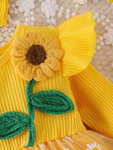 Baby Girl Pastoral Sunflower & Daisy Theme 2-Piece Set, Fresh Yellow Ribbed Ruffle Top With Daisy Print Mesh Tutu Dress + Matching Bow Hair Accessory - Yellow - View 4