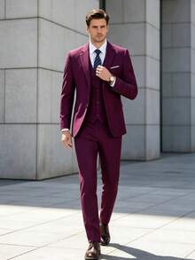 WindsorQuad 男士三件式優雅西裝套裝，純色修身單排扣婚禮外套、背心、長褲附領帶，正式禮服適用於舞會、派對、商務場合 - 紫色 - 查看 2