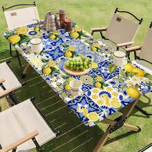 1pc Lemon Blue Floral Pattern Outdoor Elastic Tablecloth, Suitable For Spring And Summer Decoration, Perfect For Outdoor Patio, Indoor Dining, Picnic, Camping And Party - Multicolor - View 12