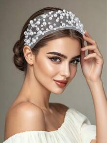 1pc Elegant Pearl Headband Fashion Mesh Hollow Wide Band Minimalist Headband Suitable For Bride Wedding Engagement Festival Party Gathering Celebration Evening Banquet Casual Daily Women Hair Accessory - Multicolor - View 2