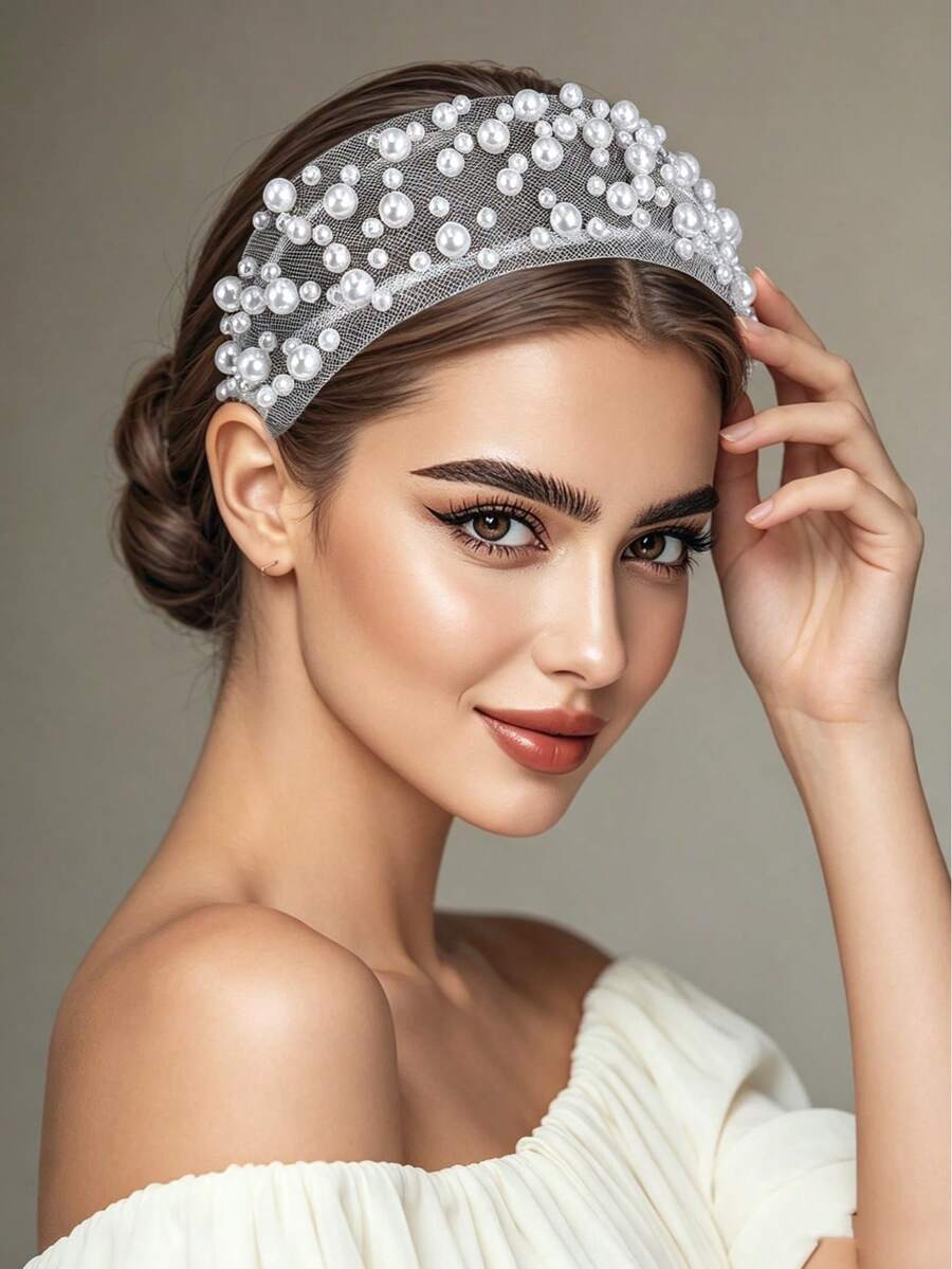 1pc Elegant Pearl Headband Fashion Mesh Hollow Wide Band Minimalist Headband Suitable For Bride Wedding Engagement Festival Party Gathering Celebration Evening Banquet Casual Daily Women Hair Accessory