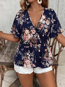 Plus Size Women's Cinched Waist Navy Blue Floral Print V-Neck Short Sleeve Top, Suitable For Casual Daily Wear Vacation Summer - Multicolor - View 1