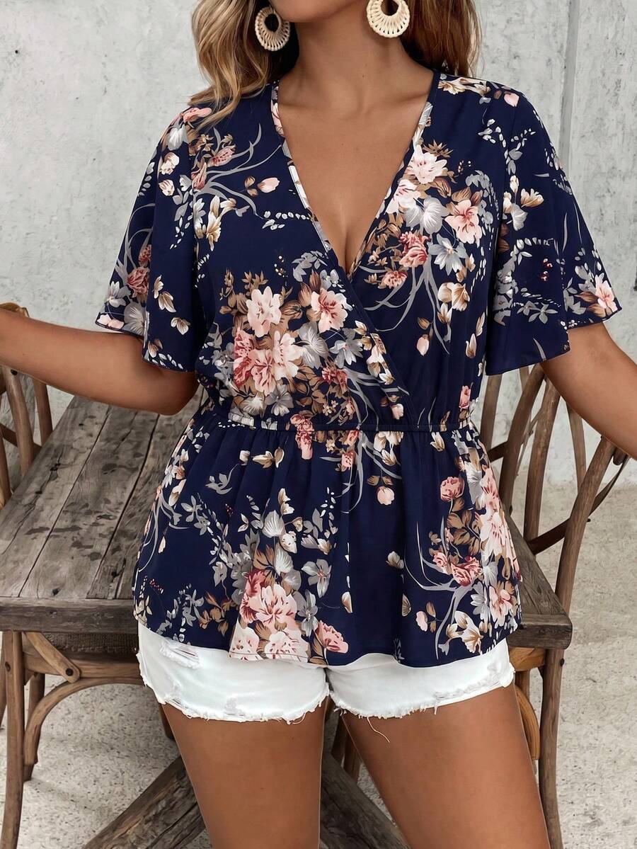 Plus Size Women's Cinched Waist Navy Blue Floral Print V-Neck Short Sleeve Top, Suitable For Casual Daily Wear Vacation Summer - Multicolor - View 1