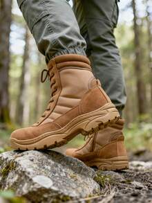 Men's Military Tactical Work Boots Side Zipper Leather Motorcycle Combat Boots Trooper(6-8 Inches) - Brown - View 2