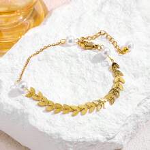 1 Set Stainless Steel Chain Leaf Faux Pearl Pendant Women's Fashion Necklace & Bracelet Jewelry Set, Gift Accessory - Style a - View 7