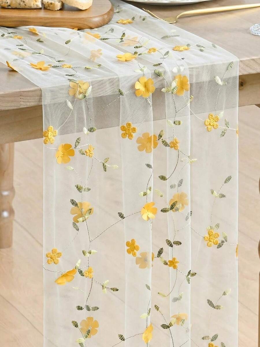 1 cái khăn trải bàn thêu hoa 3D lưới màu vàng, vải voan mỏng phong cách mùa xuân, phù hợp trang trí bàn ăn gia đình, tiệc tùng và ngày lễ - Màu vàng - Xem 1