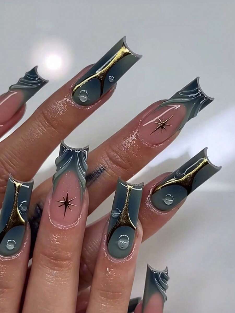 24 Stück romantische 3D Gel Y2K Gold-Linie Edelstein Grün French Full Cover Press-On Kunstnägel Set mit Jelly-Kleber und Mini-Nagelfeile, geeignet für Frauen und Mädchen für den täglichen Gebrauch, Party, Shopping, Dating, DIY, Jelly-Kleber wird zufällig versendet - Verschiedenfarbig - Übersicht 1