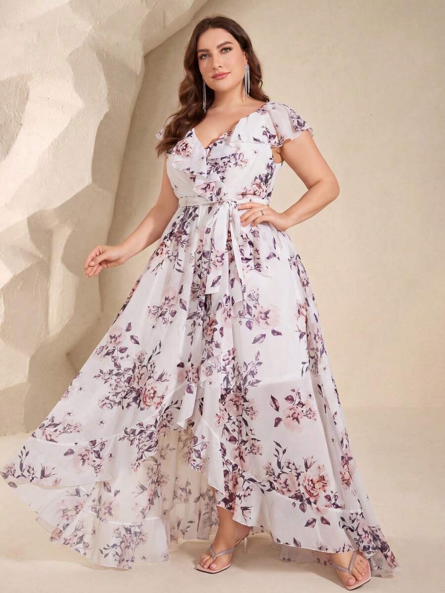 UNITHORSE Non-Positioning Flower V-Neck Ruffle Collar Detachable Tie Asymmetrical Ruffle Hem Printed Bridesmaid Dress - White - View 1