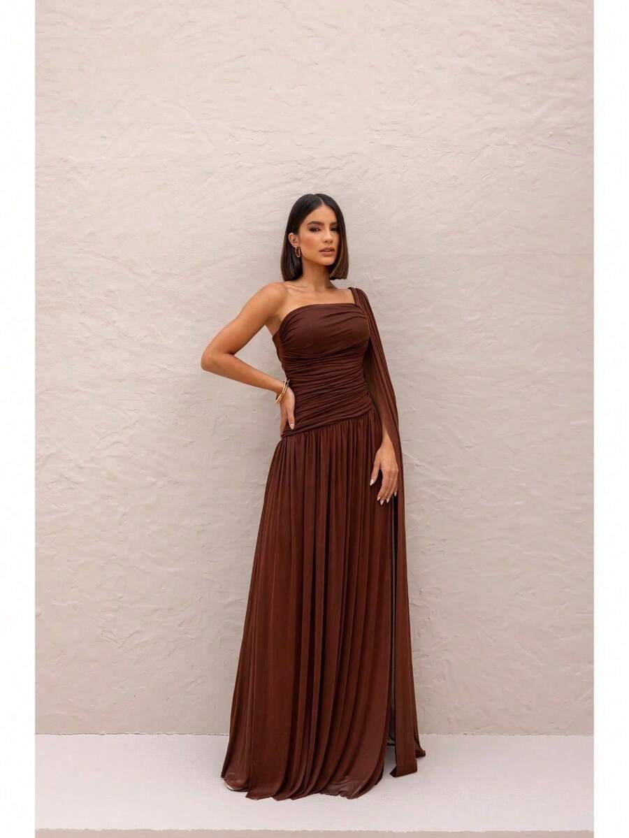 Long, One-Shoulder Party Dress In Dark Nude, Flowing Style, For Bridesmaids/Dates/Graduations/Guests. - Rust Brown - View 1