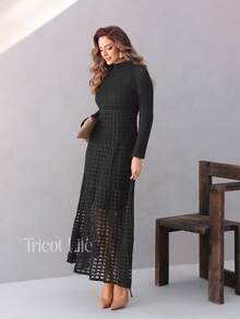 Vestido Feminino Midi em Tricot Rendado Efeito Crochê Manga Longa Gola Alta com Forro Elegante para Festa Casamento Formatura e Eventos - Preto - Visão 9