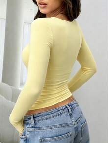Women's Autumn Fashion Casual Daily Elegant Yellow Square Neck Long Sleeve Fitted Top, Commute Outing Back To School Season Basic T-Shirt - Yellow - View 4
