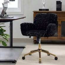 Dressing Chair In Fluffy Faux Rabbit Fur, Purple, Height Adjustable, 360° Swivel, With Armrests, Gold Metal Caster Base, Comfortable, Ideal For Bedroom Or Office, DE1831VT - 黑色 - 查看 7