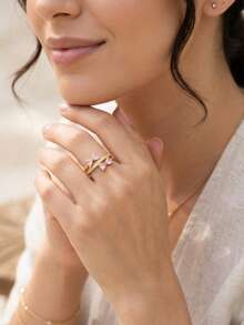 1pc Sweet Romantic Pink Sparkling Cubic Zirconia Double Bow Double Layer Cross Ring, Women's Daily Commute Date Wear Jewelry Gift - Gold - View 9