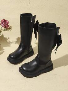 1 Pair Black Girls' Sweet Straight-Leg High-Top Leather Boots, Shiny Soft PU Material + Side Satin Pearl Bow Decor, Back Zipper Non-Slip Gear Thick Sole Design, Gentle Princess Style, Suitable For Daily Casual, School, Party, Performance, Travel, Vacation, Autumn/Winter New 2026 - Black - View 4