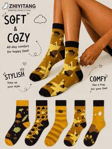 ZHIYITANG Random 1 Pair/5 Pairs Women's Mid-Calf Socks, Cartoon Fashion Fun Creative Personalized Highly Attractive Women's Socks, Spring/Autumn Thin Breathable Comfortable Soft Moisture-Wicking Sweat-Absorbing Socks, Sports Casual Street Style Women's Long Socks Suitable For Daily Wear - Multicolor - View 1