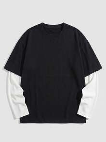 Modcrash Men's Solid Color 2 In 1 Long Sleeve T-Shirt, Black And White Color Block Crew Neck Top - Black - View 5