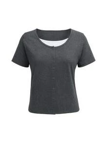 Korean Minimalist Preppy Style Niche Color Block Design Round Neck Summer Slimming 2 In 1 Fitted Short Sleeve T-Shirt Crop Top For Women - Grey - View 6