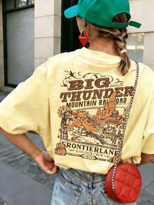 Camiseta holgada de mujer con estampado en la espalda de ferrocarril de montaña occidental, top vintage de manga corta y cuello redondo, estilo denim retro americano cómodo y holgado, adecuado para uso diario, vacaciones, estilo callejero, regreso a la escuela, festival, salida de fin de semana, viaje al campo, uso casual - Amarillo - Ver 2