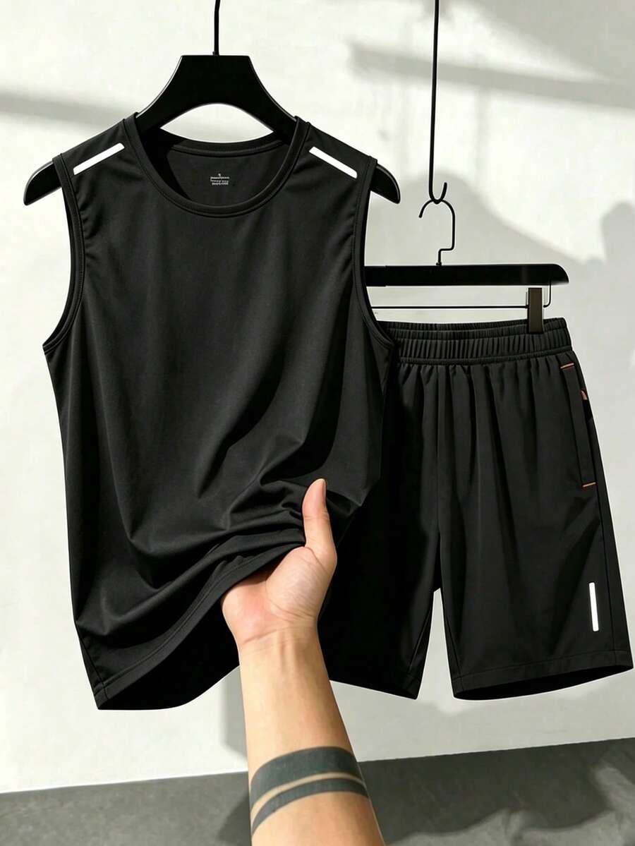 Men's Black Sports Casual Tank Top And Shorts 2 Pieces Set, Reflective Strip Design On Shoulders And Legs, Shorts With Zipper Large Pockets - Black - View 1