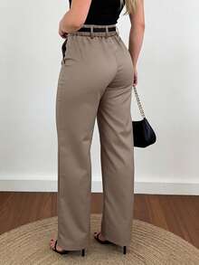 Women's Wide Leg Pants, Elegant Fashion Commuter Wear With Pockets And No Belt, Bohemian Street Style Suitable For Spring/Summer Casual, Commute And Vacation - Khaki - View 2