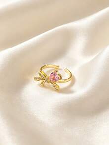 1pc Fashion Rhinestone Bow Heart Open Ring, Unique 3D Ring, Suitable For Daily Wear, Jewelry Accessory, Music Festival Gift, Birthday Gift For Friends - Yellow Gold - View 7