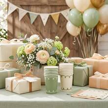 10/20/40pcs,Sage Green Cream Curly Scalloped Line Disposable Paper Cups, Minimalist Hand Drawn Loop Border Drinking Cups, Neutral Tableware For Gender Neutral Baby Shower, Rustic Garden Wedding, Spring Brunch And Farmhouse Picnic Supplies - View 3