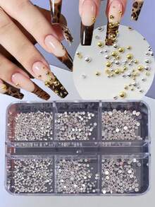 1 Box 6-Grid Metal Half-Round Decorative Studs Japanese Punk Style Y2K Nail Art Decorations DIY Small Dot Rice Grain Nail Decor Nail Charms - 彩色 - 查看 8
