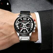 1pc Fashion New Men's Leather Strap Chronograph Mechanical Watch - Silver - View 5