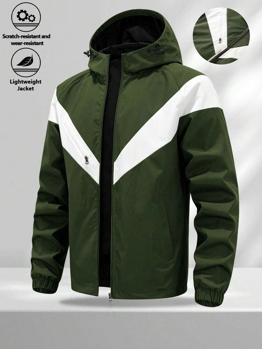 Men's Colorblock V-Shape Patchwork Hooded Jacket, Lightweight Windproof Outerwear With Zipper Pockets, Drawstring Adjustable Hood, Elastic Cuffs, Casual Sports Top, Spring/Autumn - Army Green - View 1