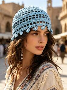 1 buah/3 buah Topi Rajut Beanie Berongga dengan Hiasan Mutiara Imitasi Gaya Liburan Bohemian - MultiWarna - View 1