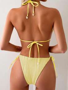 Conjunto de 2 piezas de bikini con espalda triangular de tela con textura de onda especial de unicolor amarillo para mujer - Amarillo - Ver 2