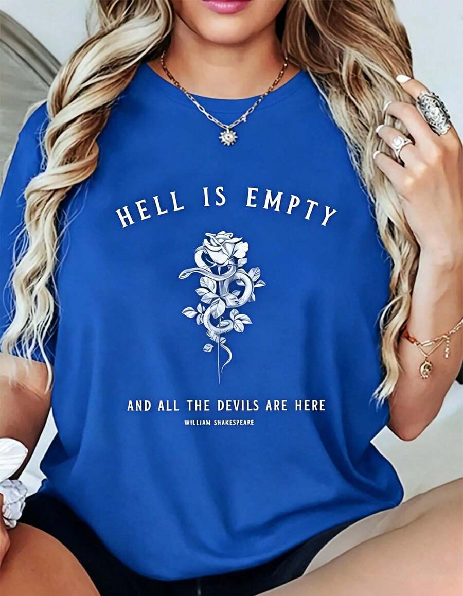 Soft Cotton Summer T-Shirt, Summer Tops, Women's Cotton T-Shirt With Graphic Print Of The Phrase "Hell Is Empty Snake Rose", Dark Academy Gothic Style, Round Neck Hol - 藍色 - 查看 1